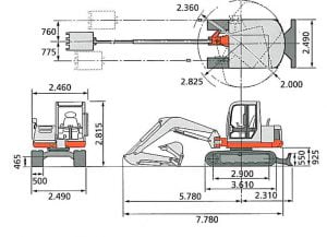 Diagrama técnico de retroexcavadora con dimensiones detalladas y especificaciones de componentes para maquinaria de obras públicas y construcción, ideal para compra de repuestos nuevos y usados.