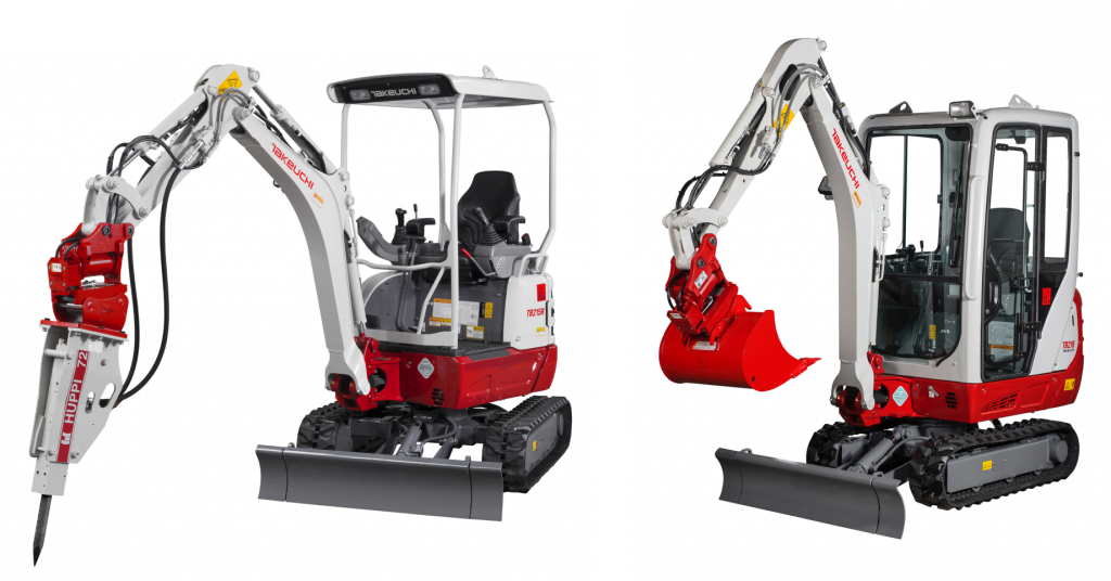 Maquinaria compacta de mini excavadora Takeuchi con pequeña cabina y balde, ideal para obras de espacio reducido y construcción ligera, disponible en recambios y accesorios en todomop.com.
