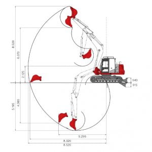 Alta: Esquema técnico de brazo excavador con mediciones precisas, destacando el alcance y la altura máxima, ideal para análisis de accesorios y piezas de repuesto para maquinaria de construcción.