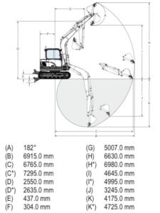 Alt: Esquema técnico de una excavadora con dimensiones y ángulos detallados para maquinaria de construcción y obras públicas, ideal para repuestos y mantenimiento.