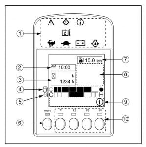 Tanque de combustible digital del sistema TodoMOP mostrando niveles de líquidos y operación de limpieza para maquinaria agrícola.