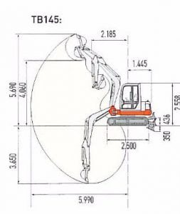Trazado técnico de una excavadora con dimensiones precisas para piezas de repuesto y mantenimiento de maquinaria pesada.