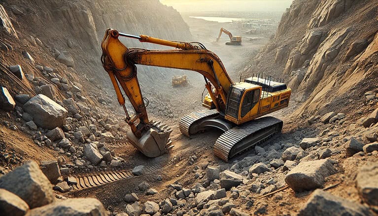 Tren de rodaje terreno difícil, excavadora trabajando