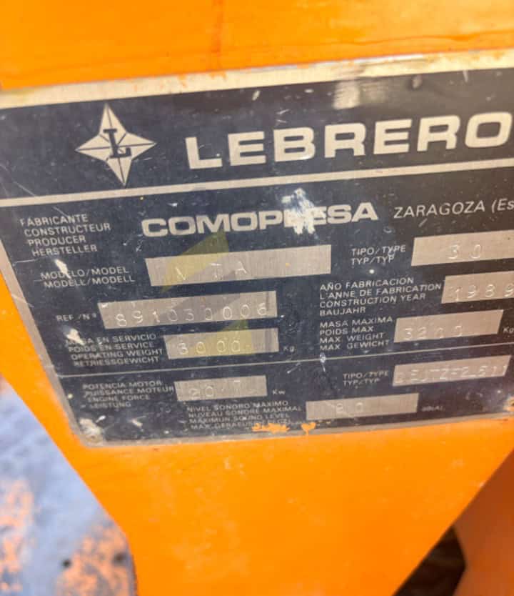 Rodillo LEBRERO, VTA 30, Año: 1989, Horas: 6.492. Peso 3000 KG, Sistema de compactación: Dobre Tandem vibrante (Doble tambor)